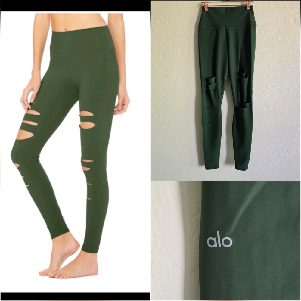 Alo Yoga Ripped Warrior High-waisted Leggings Size Small Hunter green Athletic